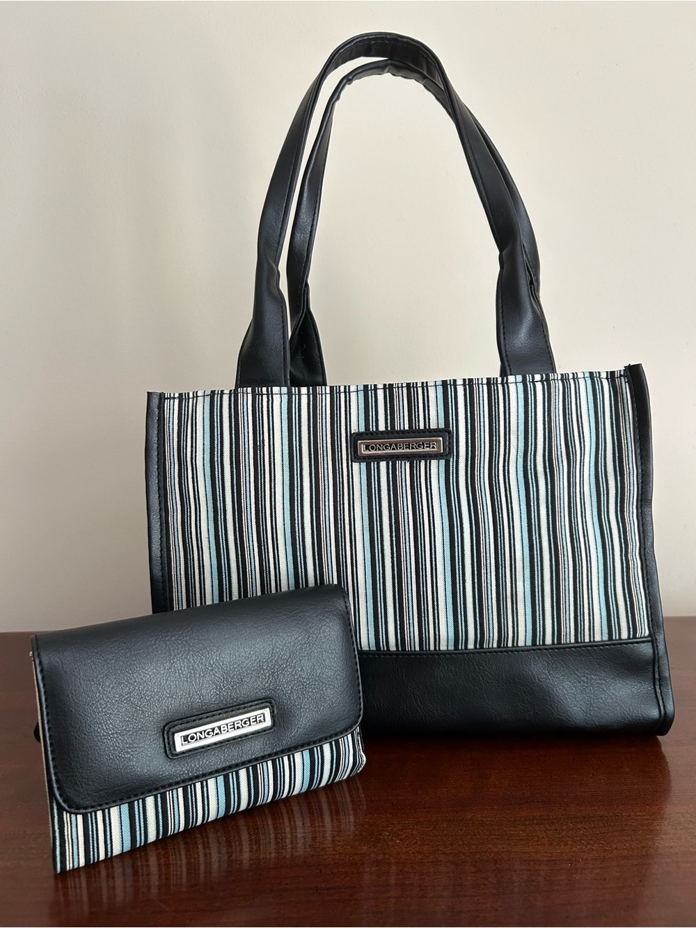 Longaberger Homestead blue striped tote purse with tri fold wallet